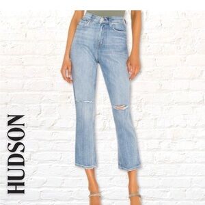 Hudson Holly Straight High Rise Crop Jeans Size 26 Ripped Knee Light Wash Denim